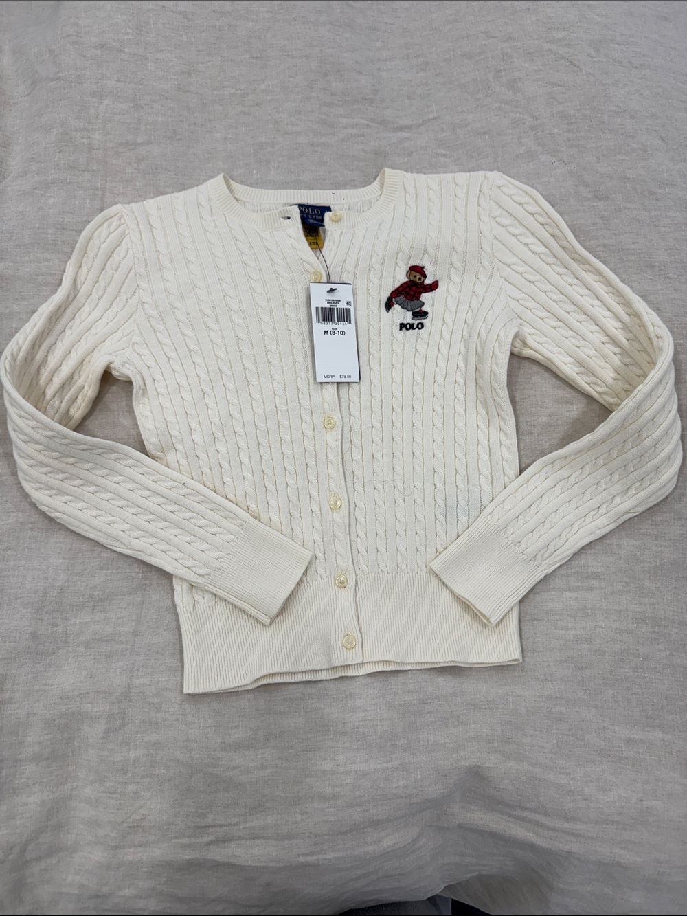 Polo by Ralph Lauren Cream Cable Knit Cardigan with Bear Patch